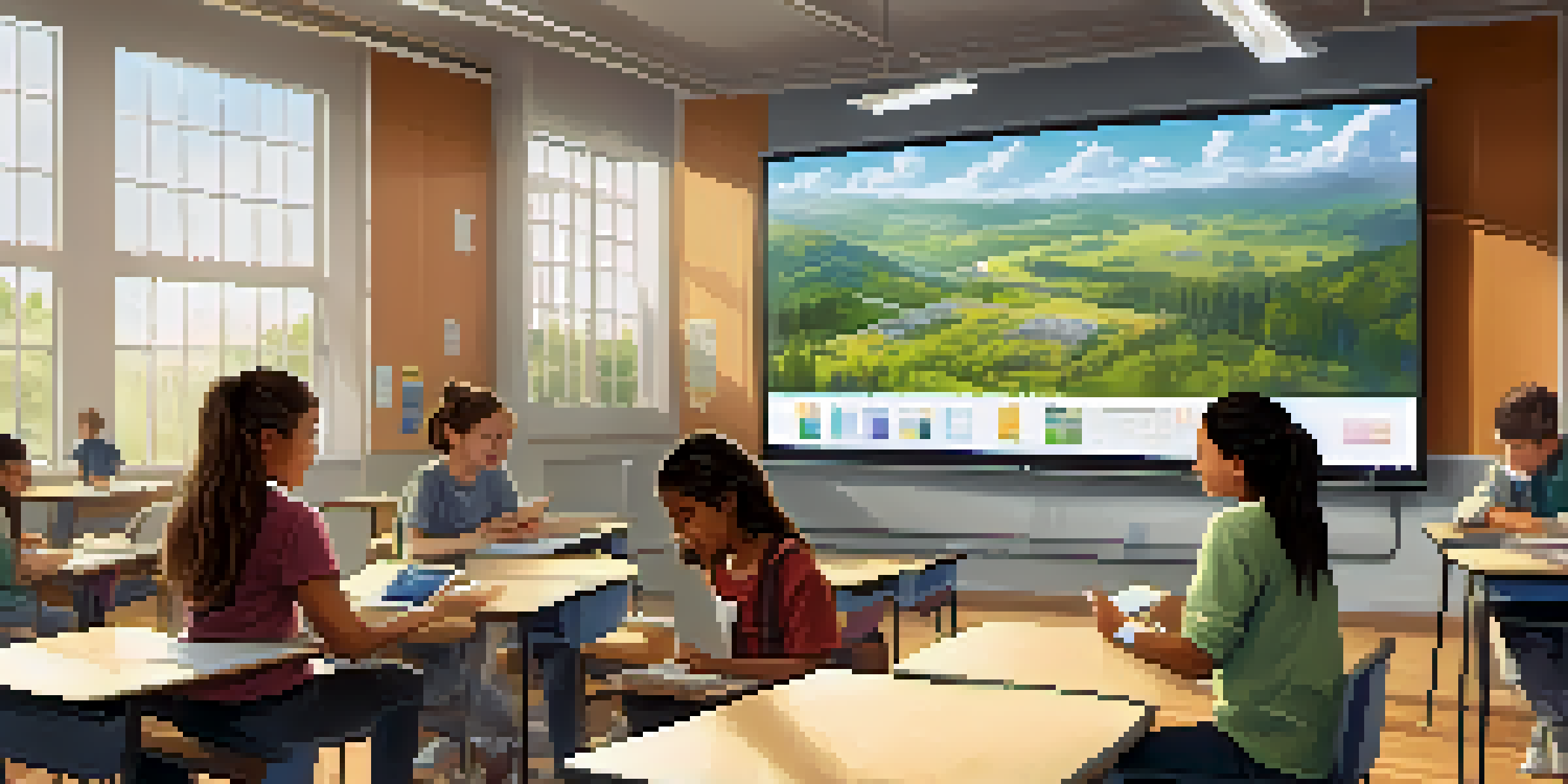 A bright and modern classroom with students using interactive technology, collaborating on a project.