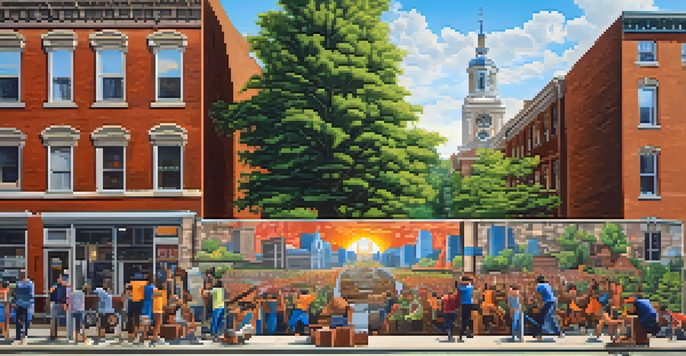 A diverse group of artists painting a large mural on a brick wall in Philadelphia, with colorful representations of the city's history and greenery around them.