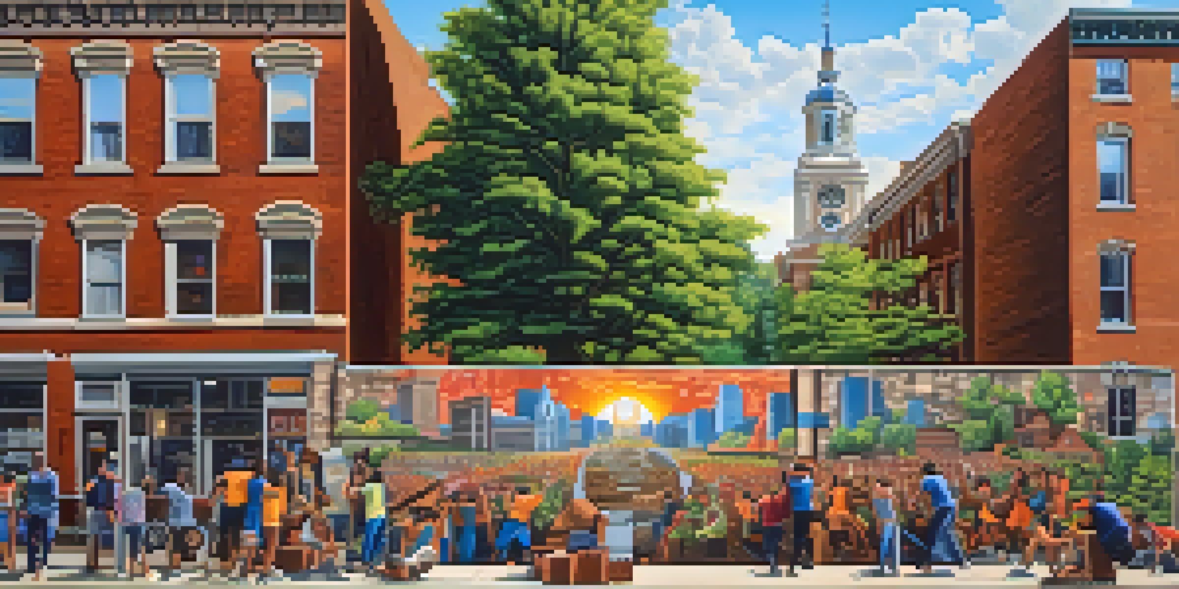 A diverse group of artists painting a large mural on a brick wall in Philadelphia, with colorful representations of the city's history and greenery around them.