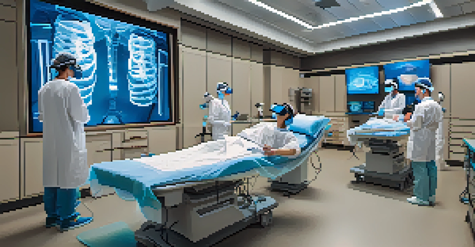 Medical students practicing surgery in a virtual reality classroom with advanced technology.
