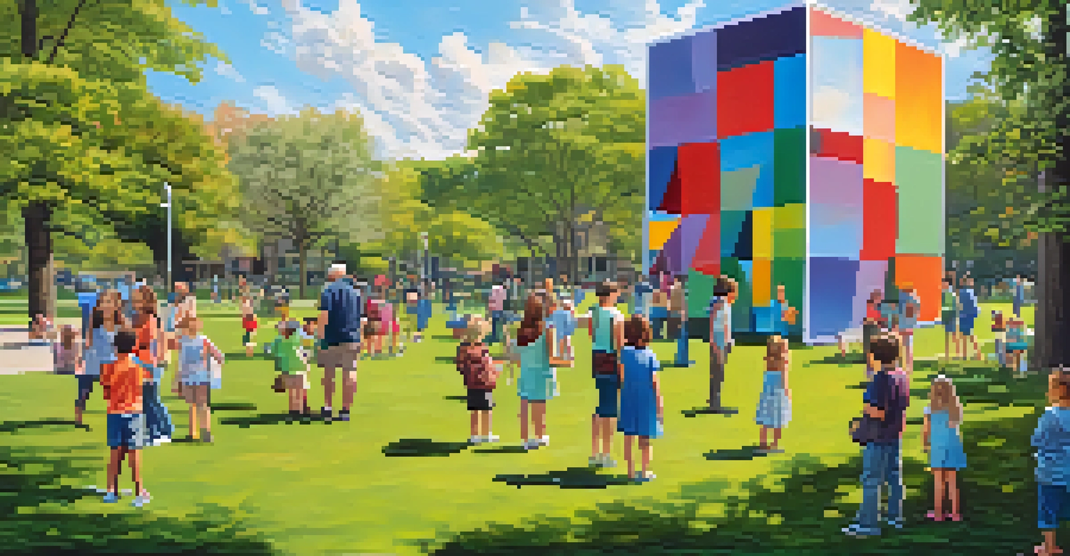 An outdoor exhibition in a Philadelphia park with large sculptures by art students, families exploring the artworks in a lively and colorful setting.