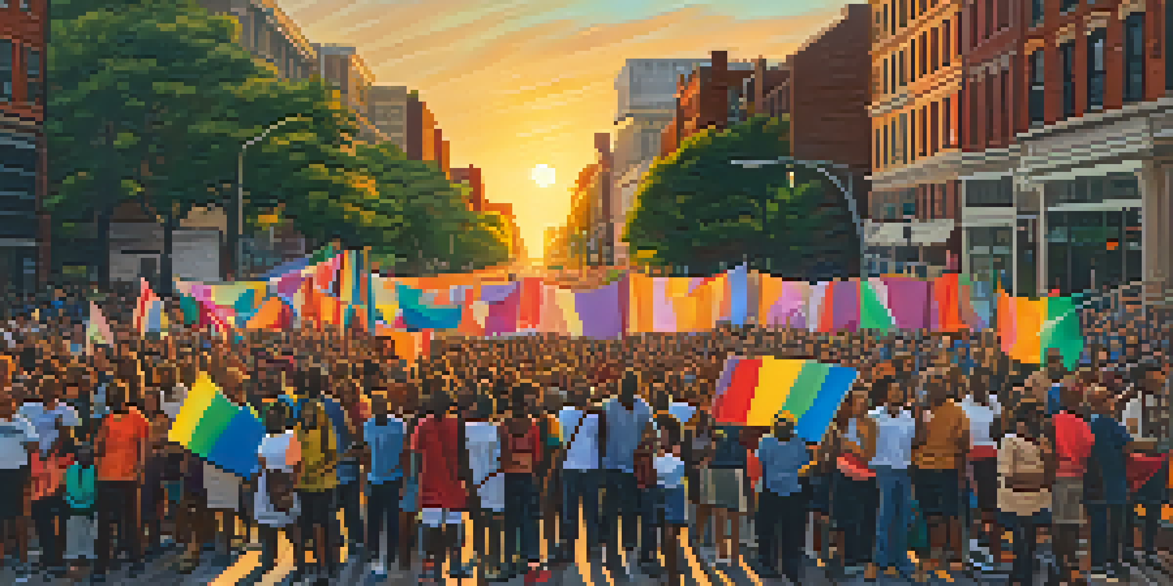 A lively Philadelphia street scene with diverse activists holding banners during a peaceful demonstration at sunset.