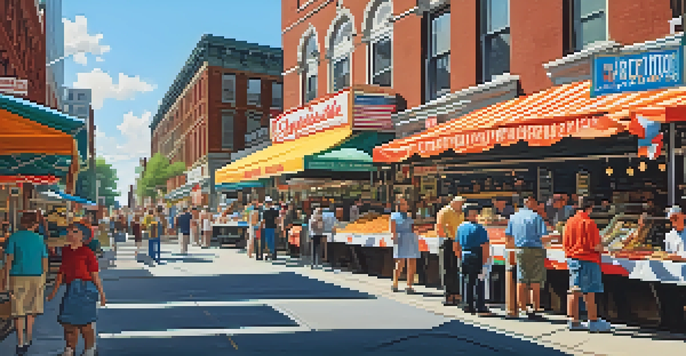 A lively food market in Philadelphia featuring various food stalls with cheesesteaks and other international dishes, surrounded by happy people enjoying the atmosphere.