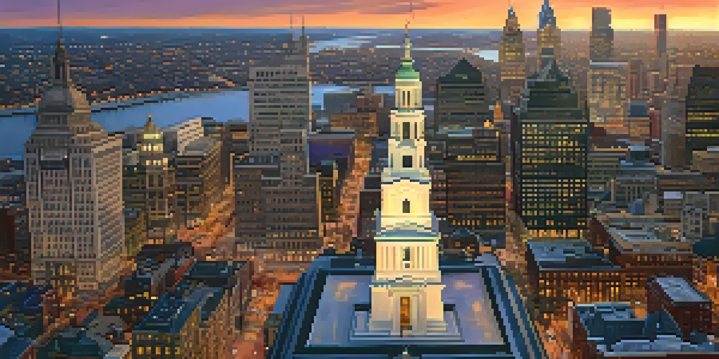 Aerial view of Philadelphia's skyline at sunset, featuring historic landmarks and modern buildings.