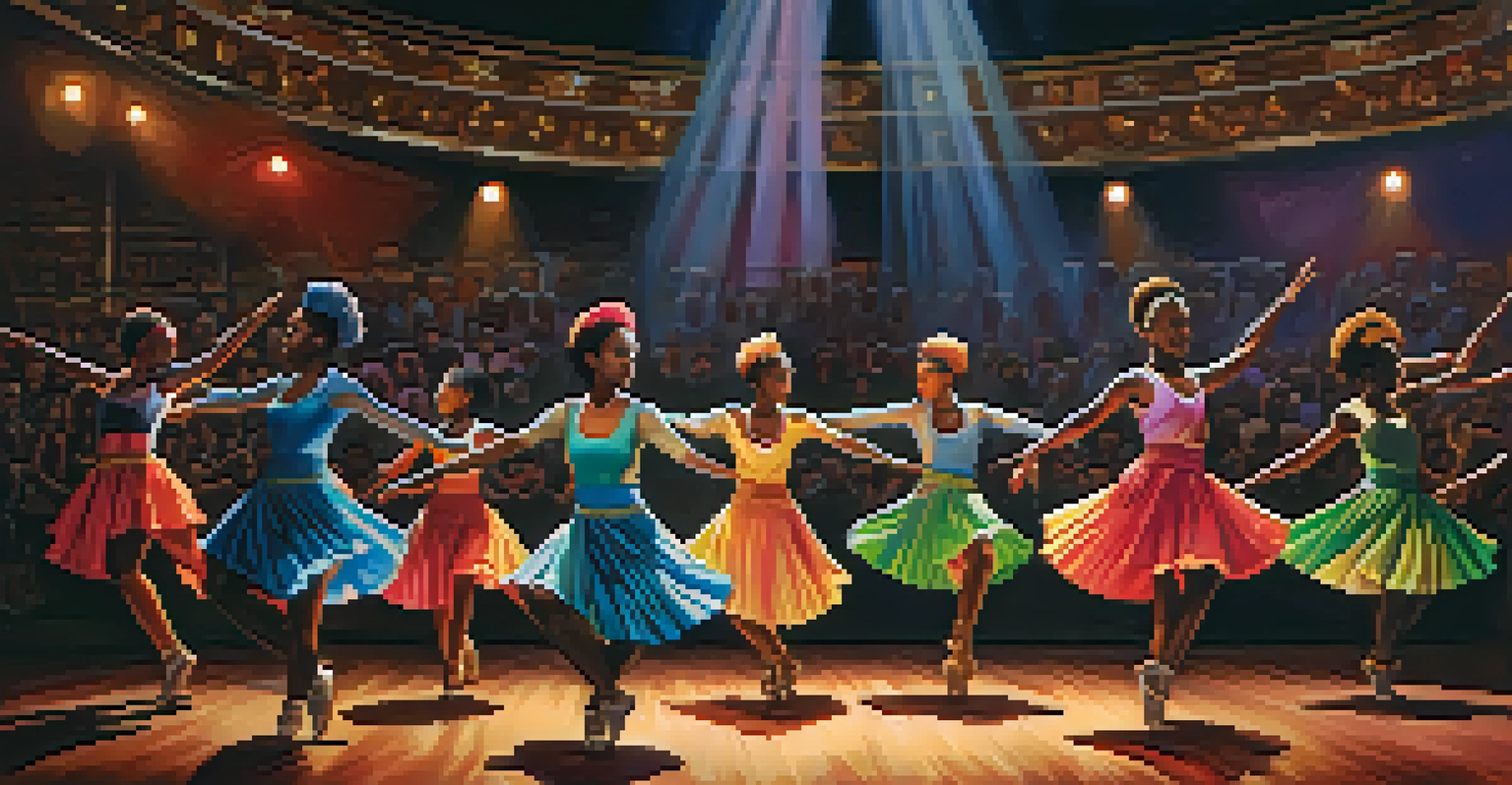 A group of African American dancers performing dynamically on stage, illuminated by colorful lights in a theater setting.