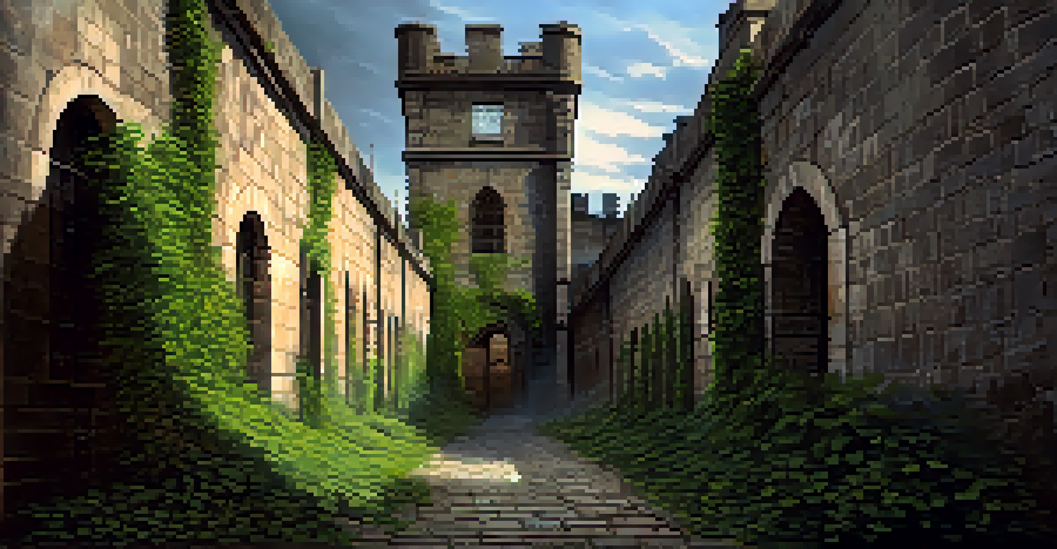 A gothic-style view of the Eastern State Penitentiary with ivy and cobblestones.