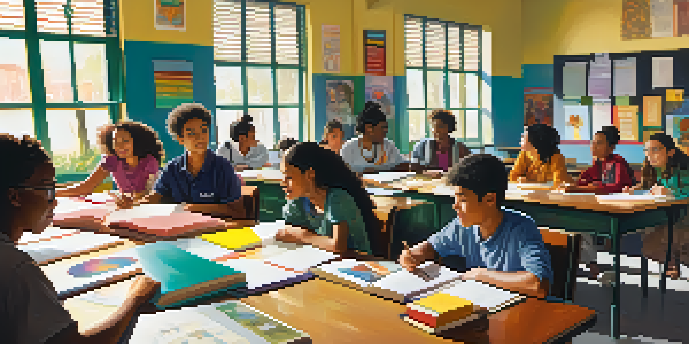 A diverse group of students engaged in a discussion in a bright classroom filled with cultural posters.