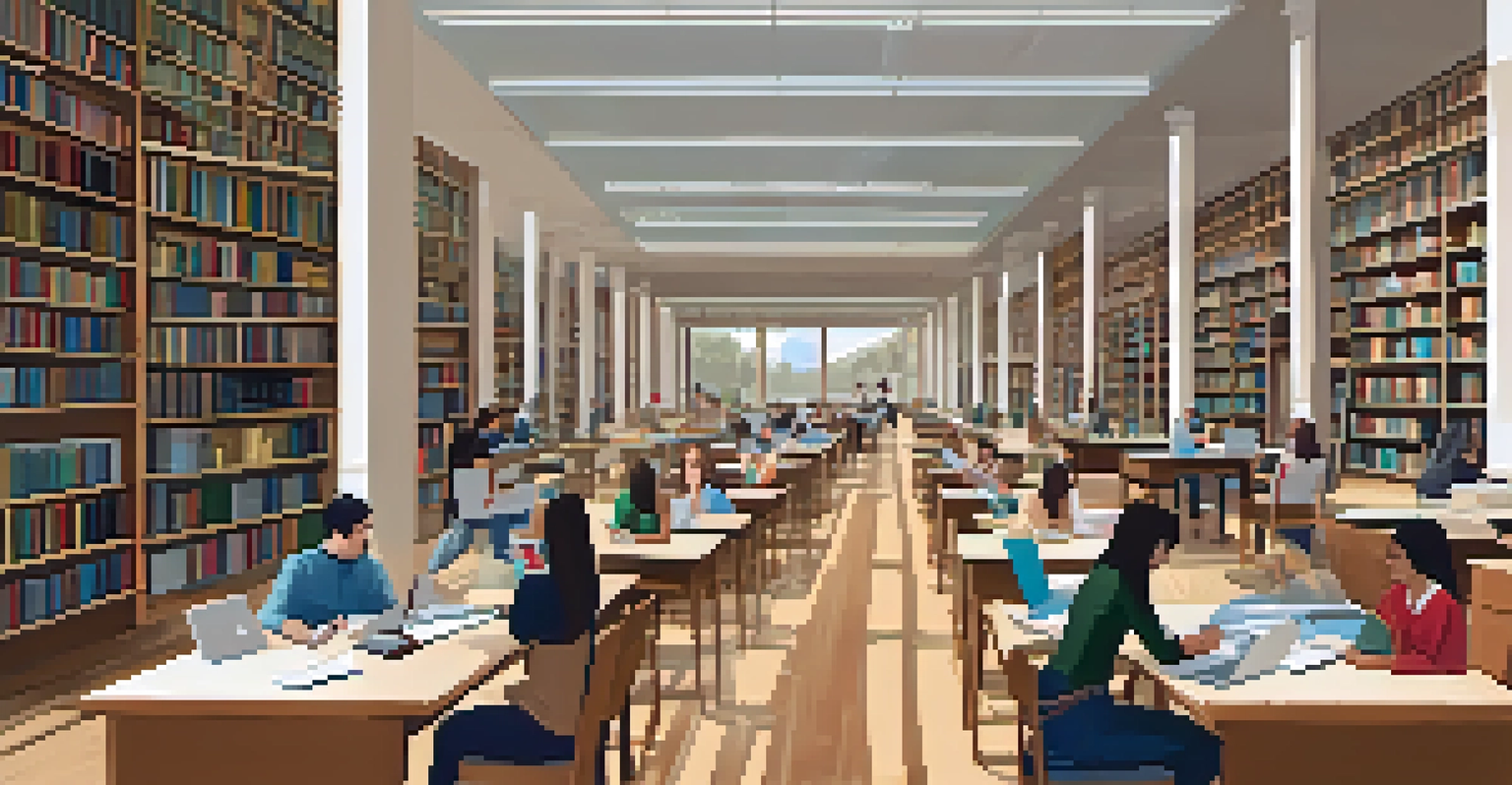 A bustling university library in Philadelphia with students studying and collaborating at tables surrounded by bookshelves and natural light.