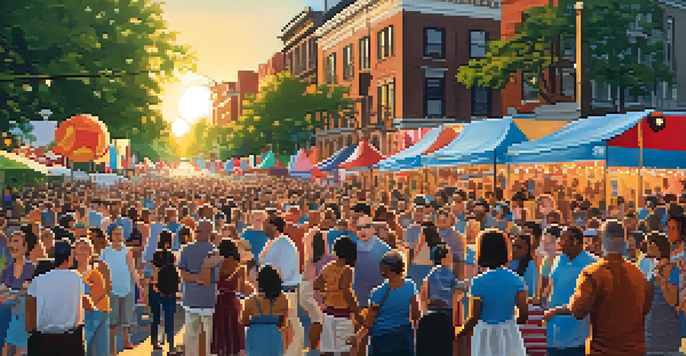 A vibrant street scene at the Philadelphia Folk Festival with performers on stage and a joyful audience under a golden sunset.