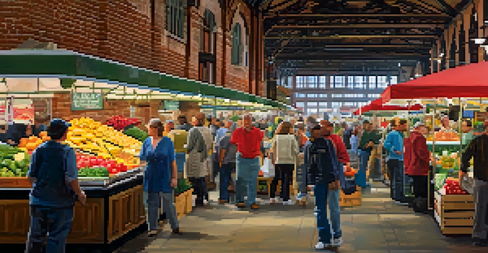 A lively market scene with various food stalls and people shopping and enjoying food in Reading Terminal Market.