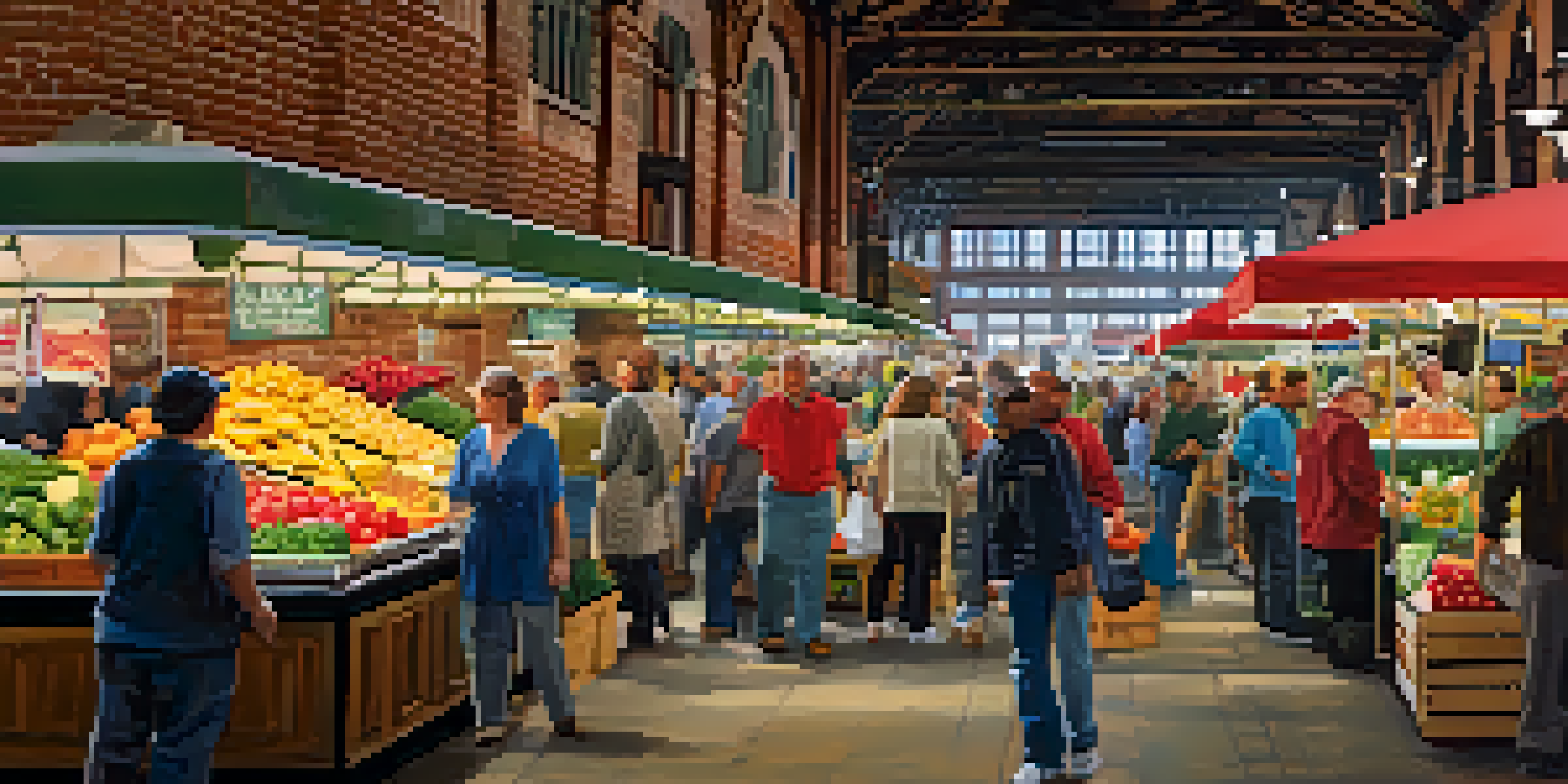 A lively market scene with various food stalls and people shopping and enjoying food in Reading Terminal Market.