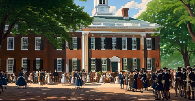 A historical scene depicting Independence Hall in Philadelphia, with delegates in 18th-century attire discussing outside amidst greenery and sunlight.