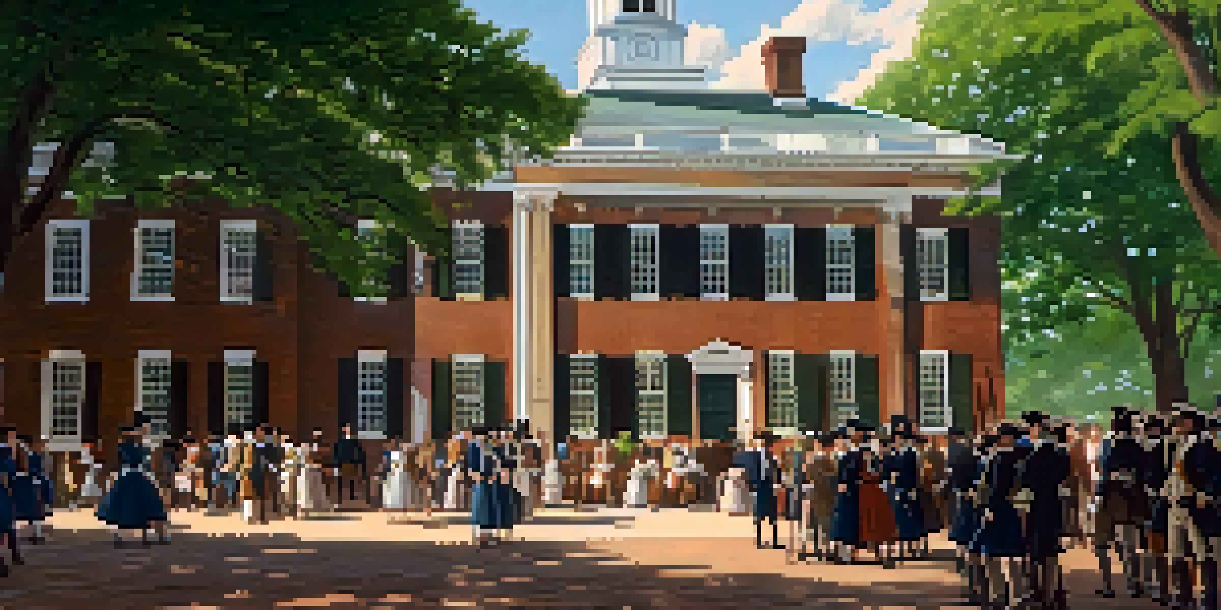 A historical scene depicting Independence Hall in Philadelphia, with delegates in 18th-century attire discussing outside amidst greenery and sunlight.