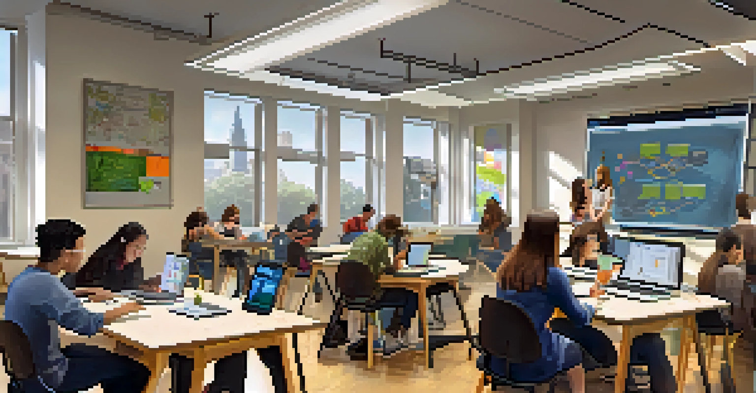 Students in a Drexel University classroom working together on a project with laptops and educational materials.