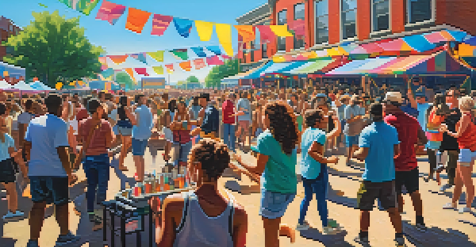 A lively outdoor music festival in Philadelphia with a diverse crowd dancing and enjoying performances under a clear blue sky.