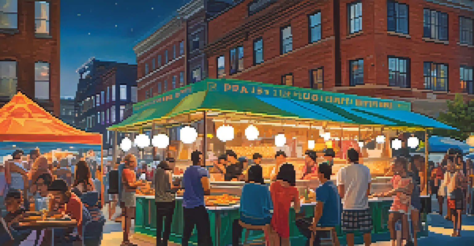 A summer night at the Night Market festival in Philadelphia with food trucks, people enjoying meals, and live music creating a lively atmosphere.