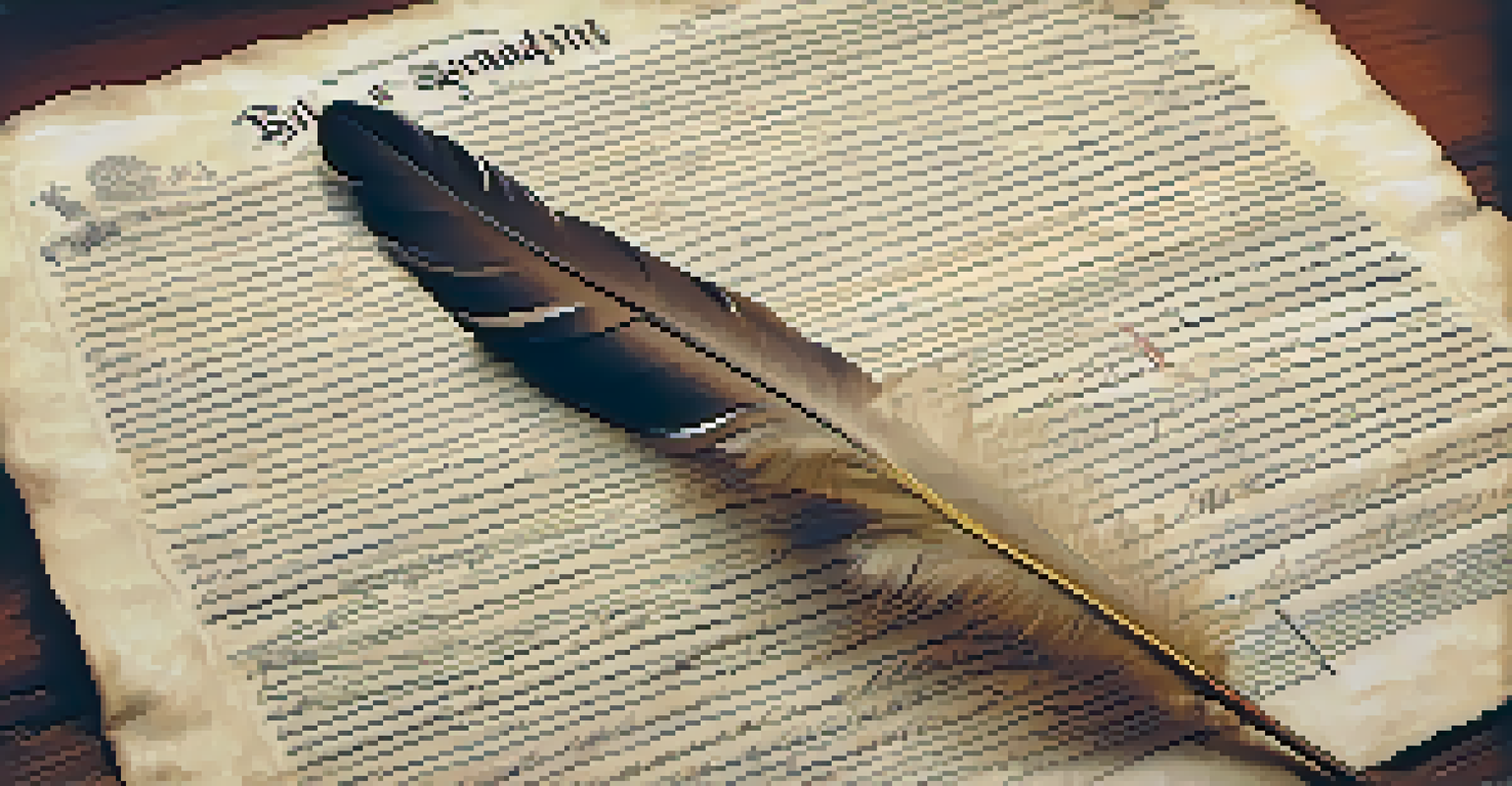 The Bill of Rights document on a wooden table with a quill, inkpot, and historical artifacts in the background.