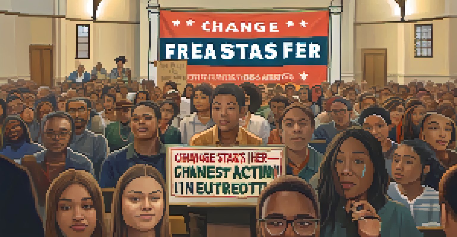 A close-up of a young activist holding a sign that reads 'Change Starts Here' at a community meeting.