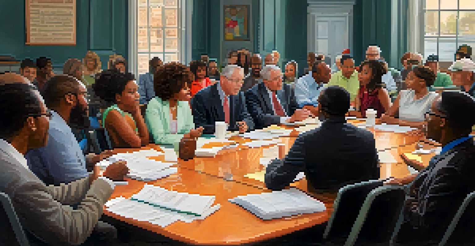 A diverse group of citizens in Philadelphia discussing public policy around a round table in a warm room.