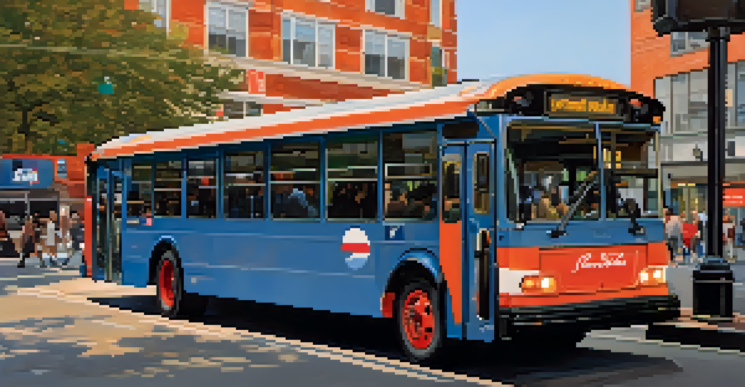 A close-up of a SEPTA bus at a city stop, with passengers getting on and off, surrounded by urban elements in warm evening light.
