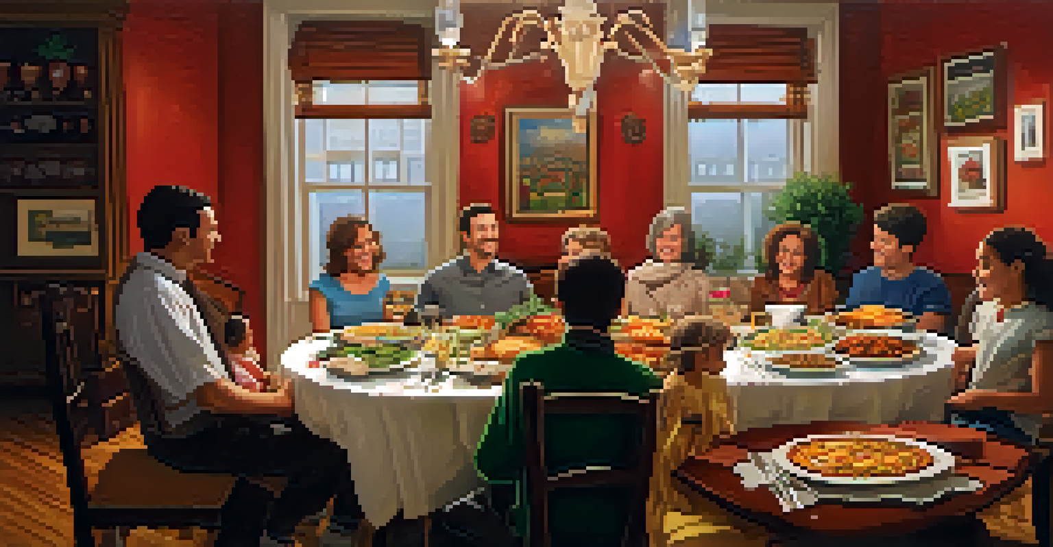 A family dining table filled with Italian dishes like lasagna and ravioli, with family members enjoying a meal together in a warm atmosphere.