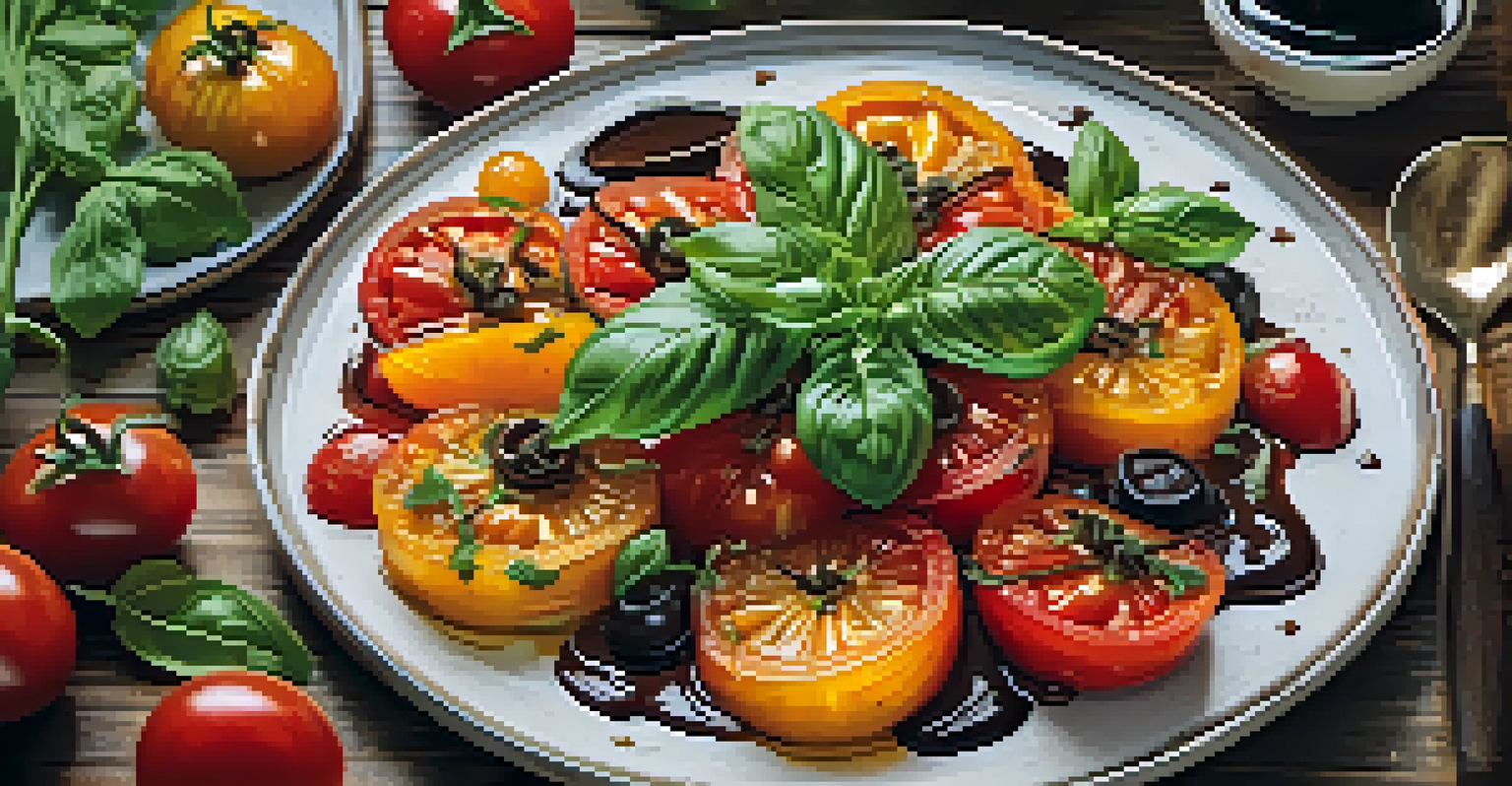 A beautifully presented plant-based dish with colorful heirloom tomatoes and fresh basil on a rustic table.