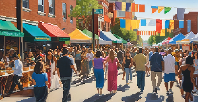A lively street festival in North Philadelphia with diverse people celebrating, colorful banners, and food stalls under warm sunlight.