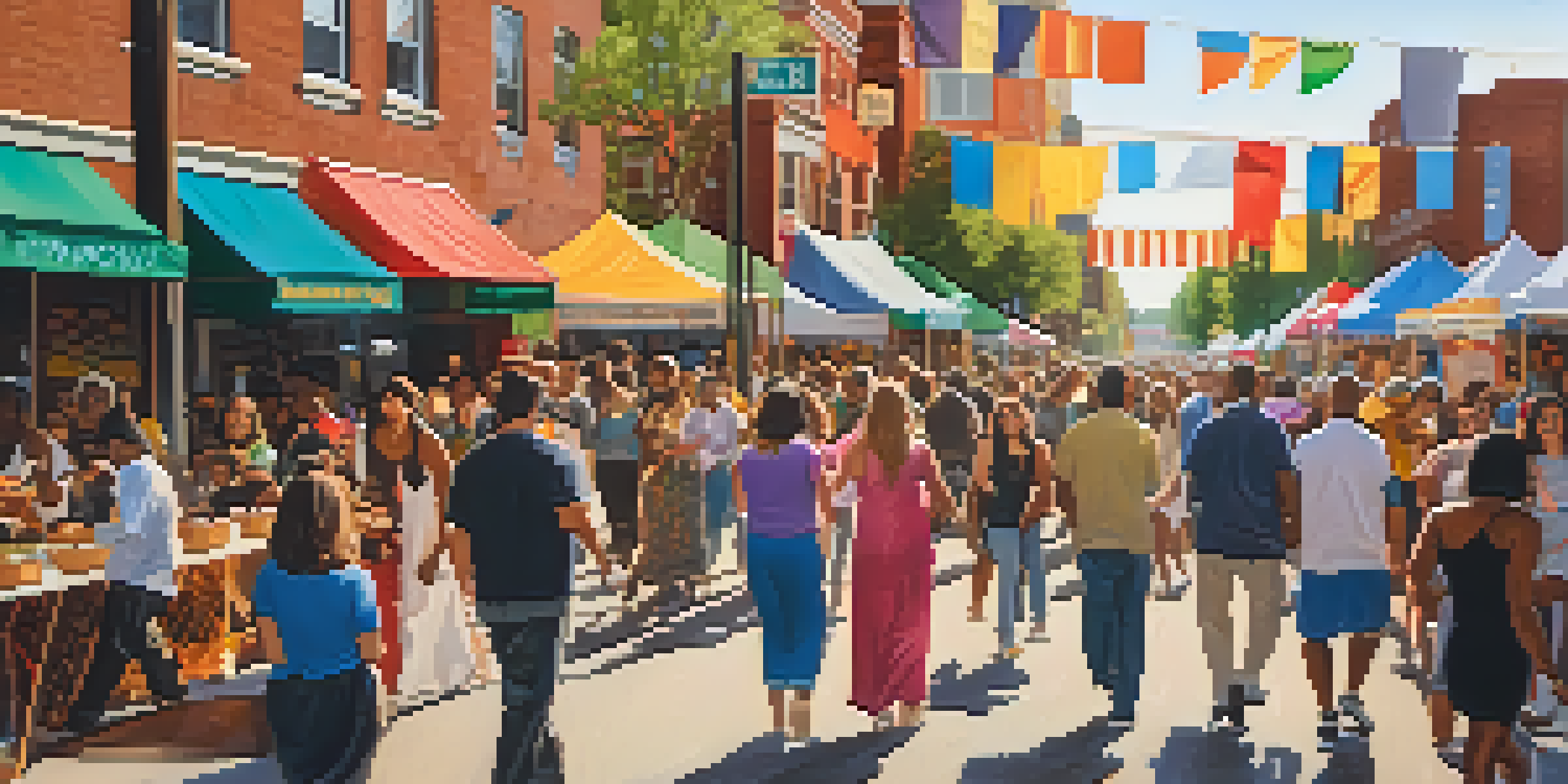 A lively street festival in North Philadelphia with diverse people celebrating, colorful banners, and food stalls under warm sunlight.