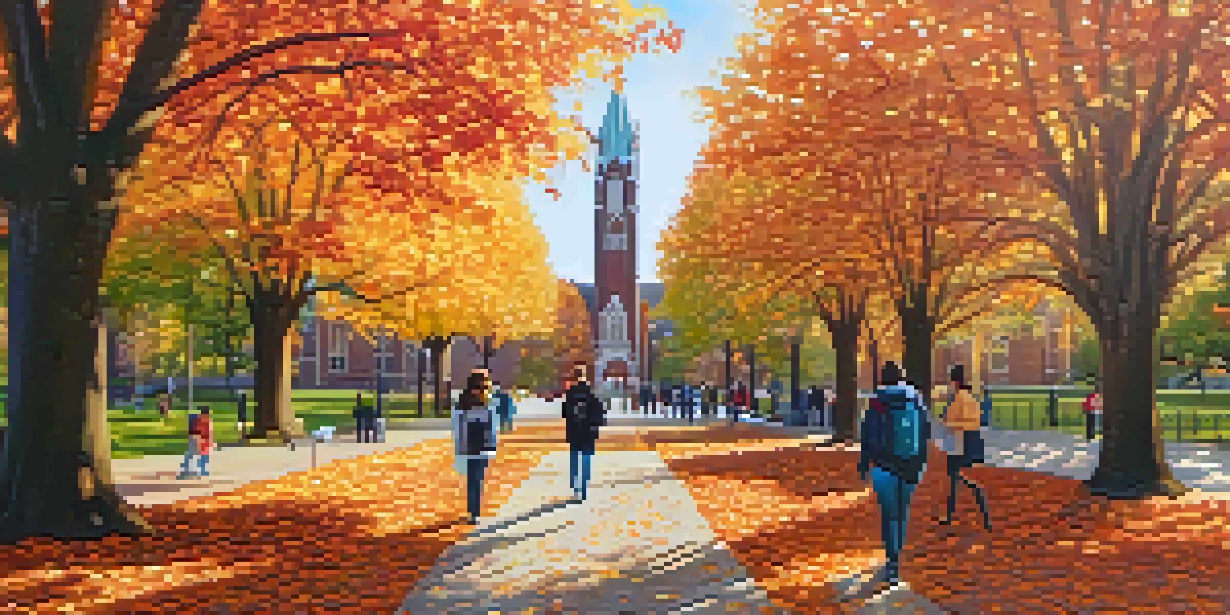 A scenic view of the University of Pennsylvania campus in autumn with colorful leaves and students walking.