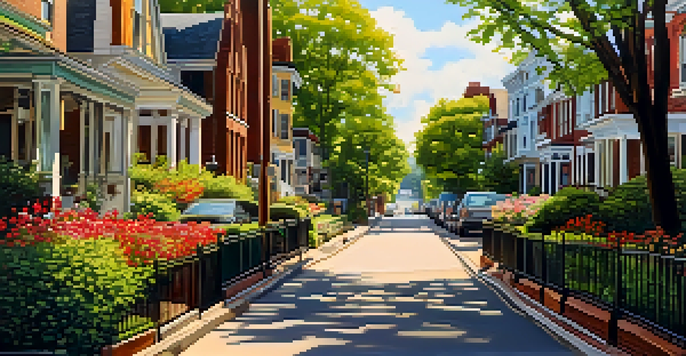 A sunny street in Chestnut Hill with Victorian houses and lush trees, featuring pedestrians enjoying the serene environment.
