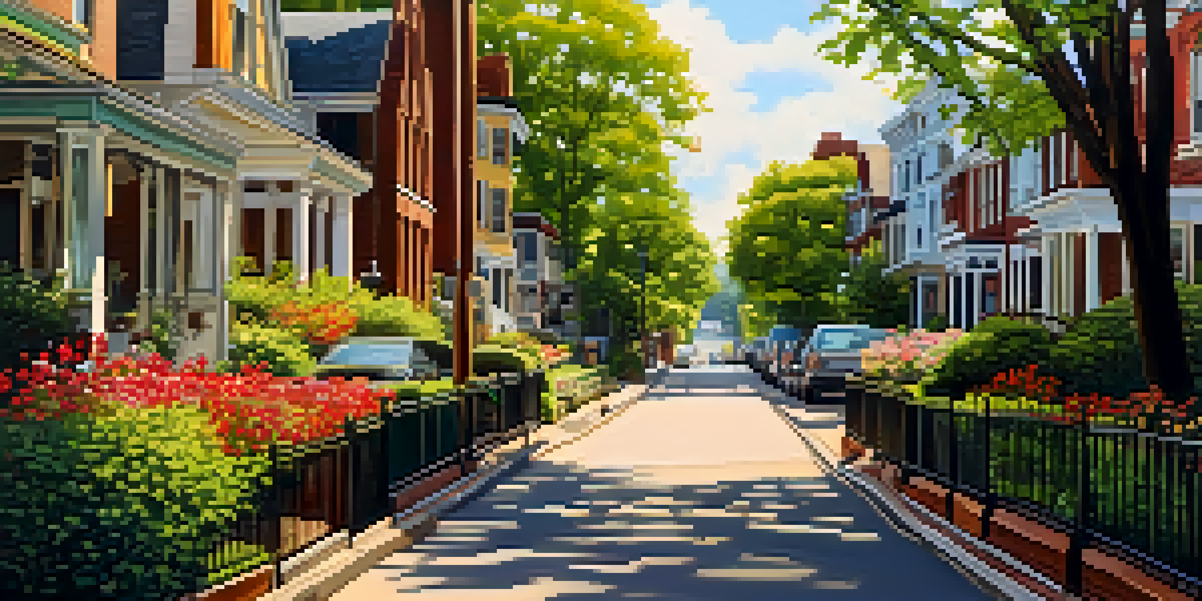 A sunny street in Chestnut Hill with Victorian houses and lush trees, featuring pedestrians enjoying the serene environment.