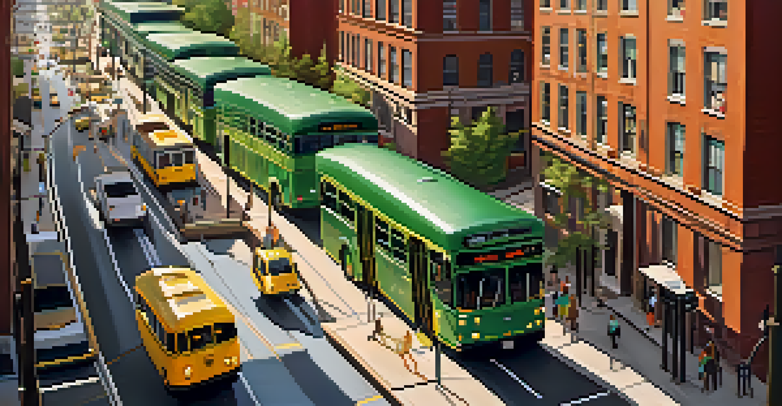 An aerial view of Philadelphia showcasing various modes of transportation including buses and trolleys in an urban setting.