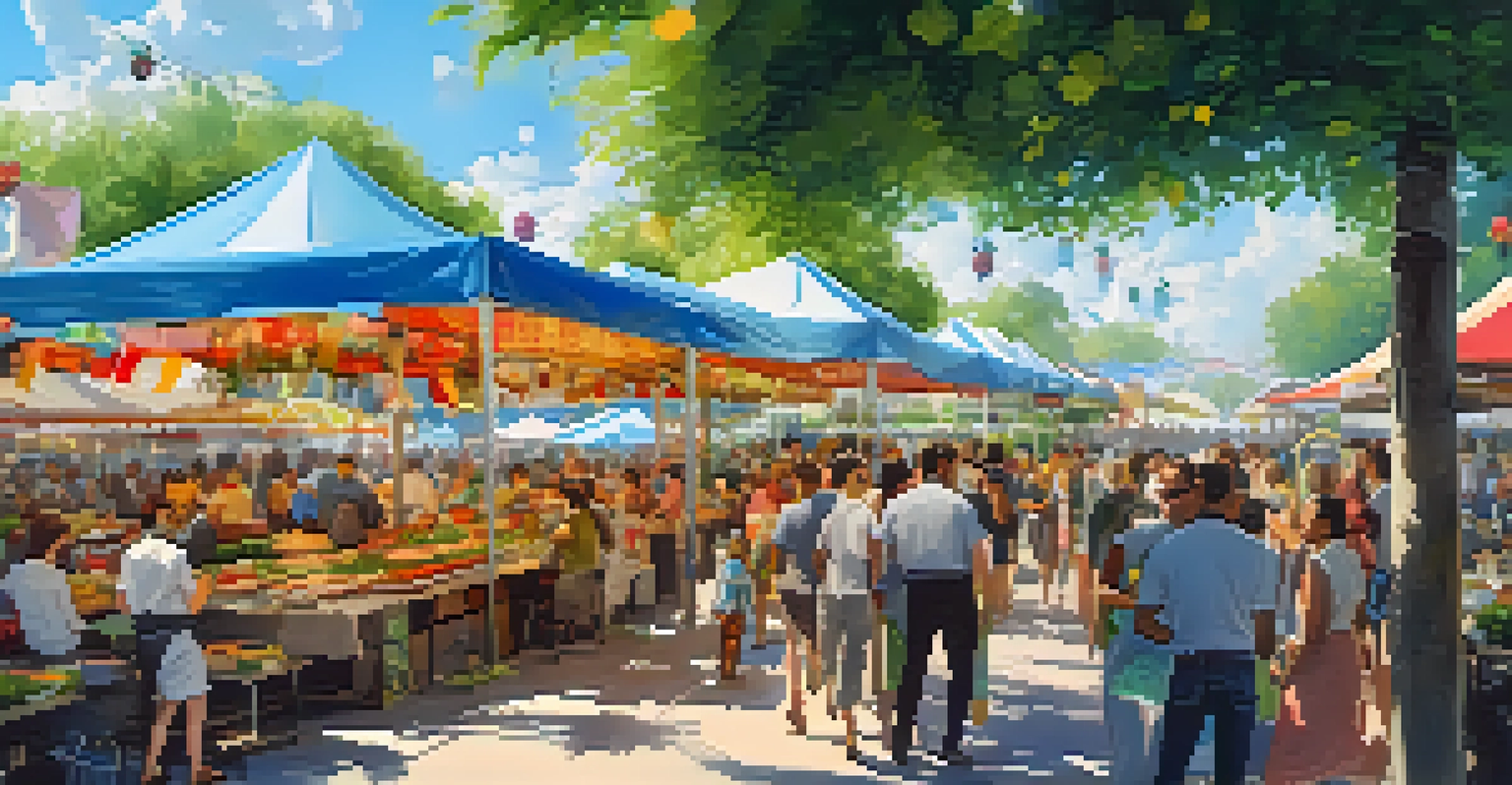 A lively outdoor food festival with diverse food stalls offering plant-based dishes, surrounded by colorful banners and greenery.