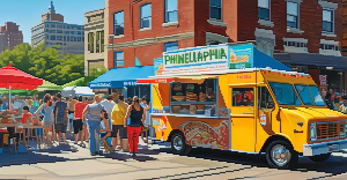A vibrant street scene in Philadelphia featuring various food trucks and people enjoying their meals.