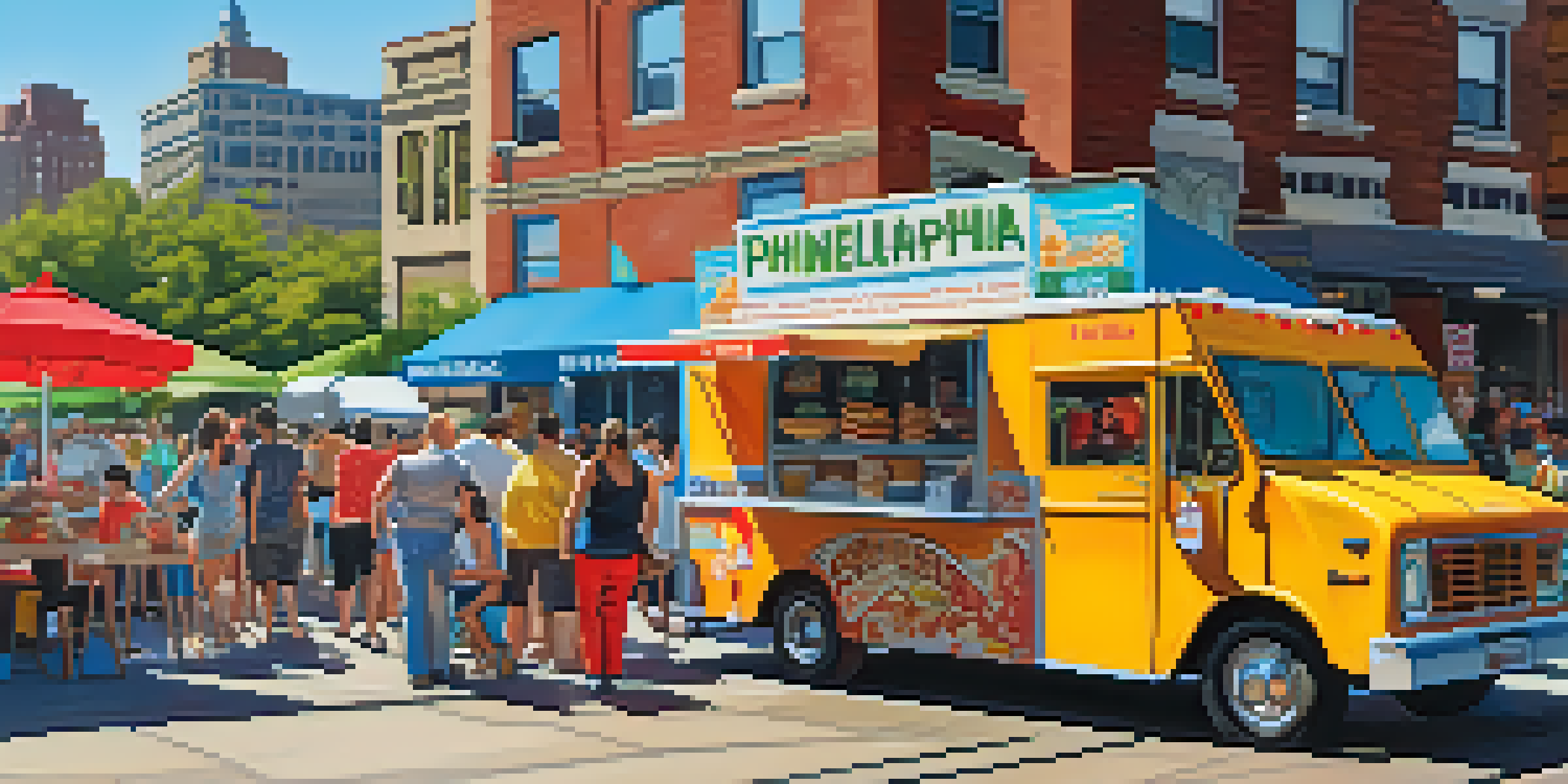 A vibrant street scene in Philadelphia featuring various food trucks and people enjoying their meals.
