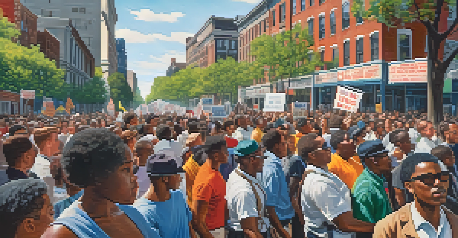 A scene from a 1960s civil rights protest in Philadelphia, featuring activists with signs and a backdrop of historical buildings.