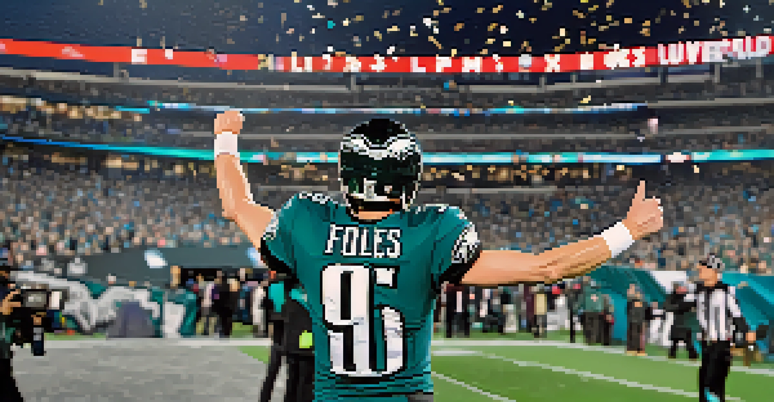 Nick Foles celebrating a touchdown during Super Bowl LII with a joyful expression.