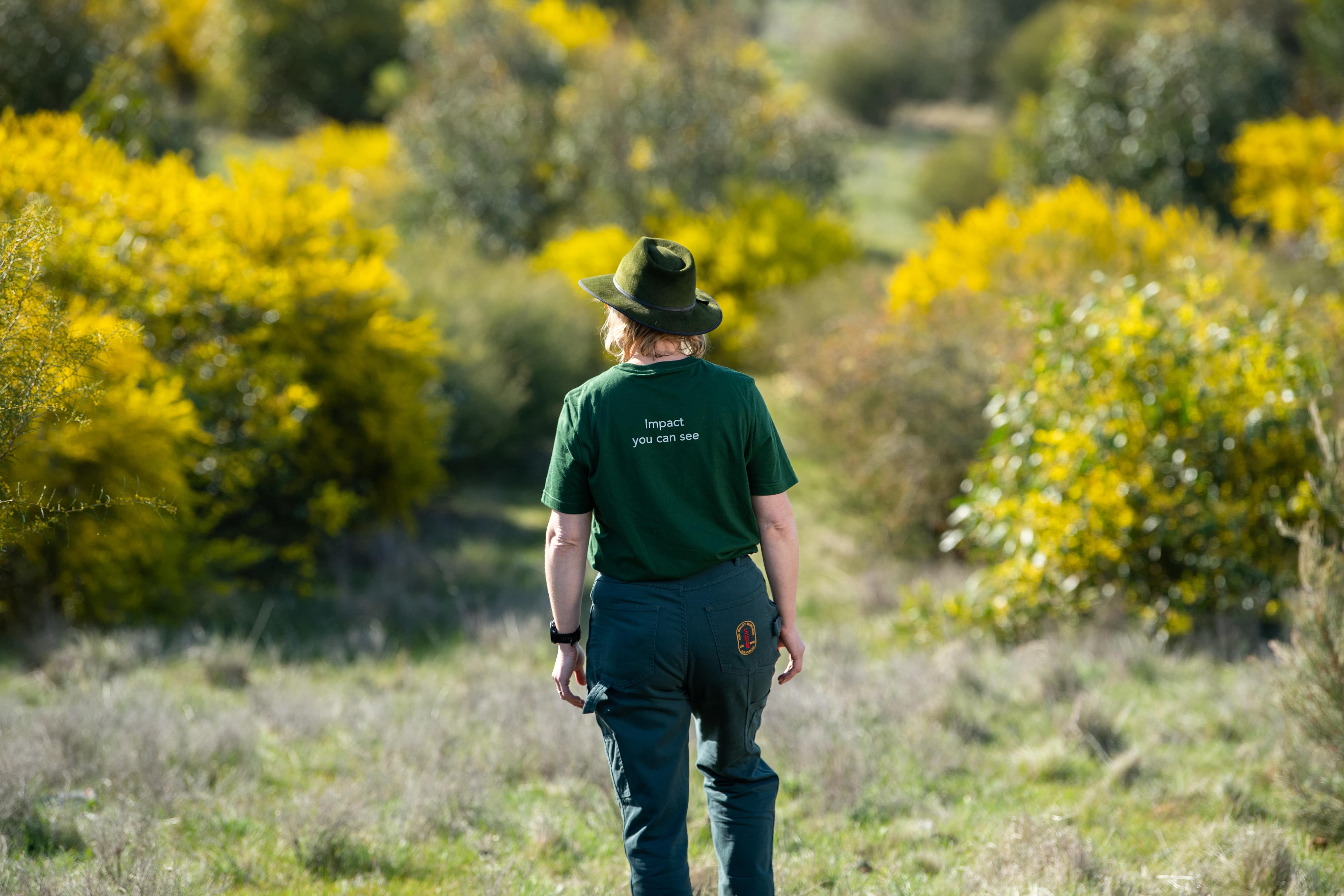 Woman walking into forest wearing Land Life shirt