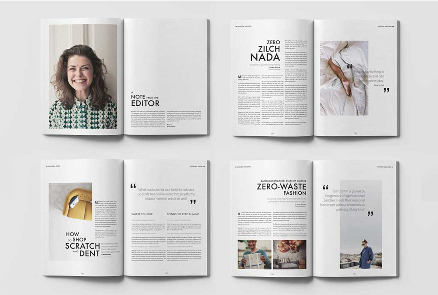 A magazine layout mockup showing four open spreads of a lifestyle and wellness publication, featuring articles on topics such as zero-waste fashion and shopping tips, created by a graphic design student at the Academy of Digital Arts, Cape Town.