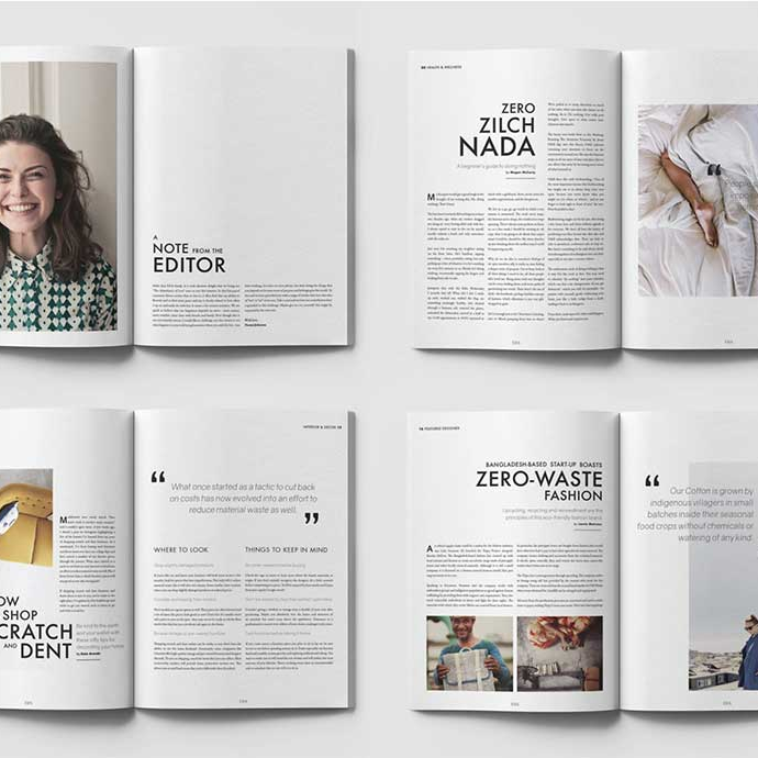 A magazine layout mockup showing four open spreads of a lifestyle and wellness publication, featuring articles on topics such as zero-waste fashion and shopping tips, created by a graphic design student at the Academy of Digital Arts, Cape Town.