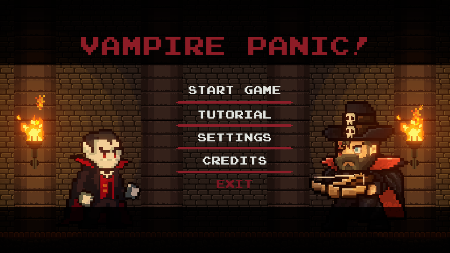 The main menu from Vampire Panic!, a 2D game developed as a teamwork assignment by the game course students at the Academy of Digital Arts.