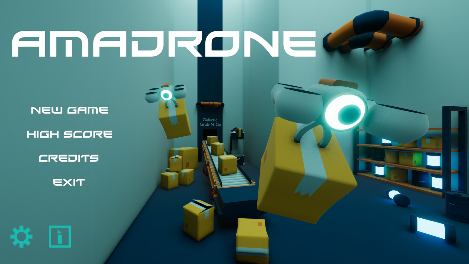 The main menu of AMADRONE, a game developed by the game development course students at the Academy of Digital Arts, Cape Town, during a teamwork assignment.