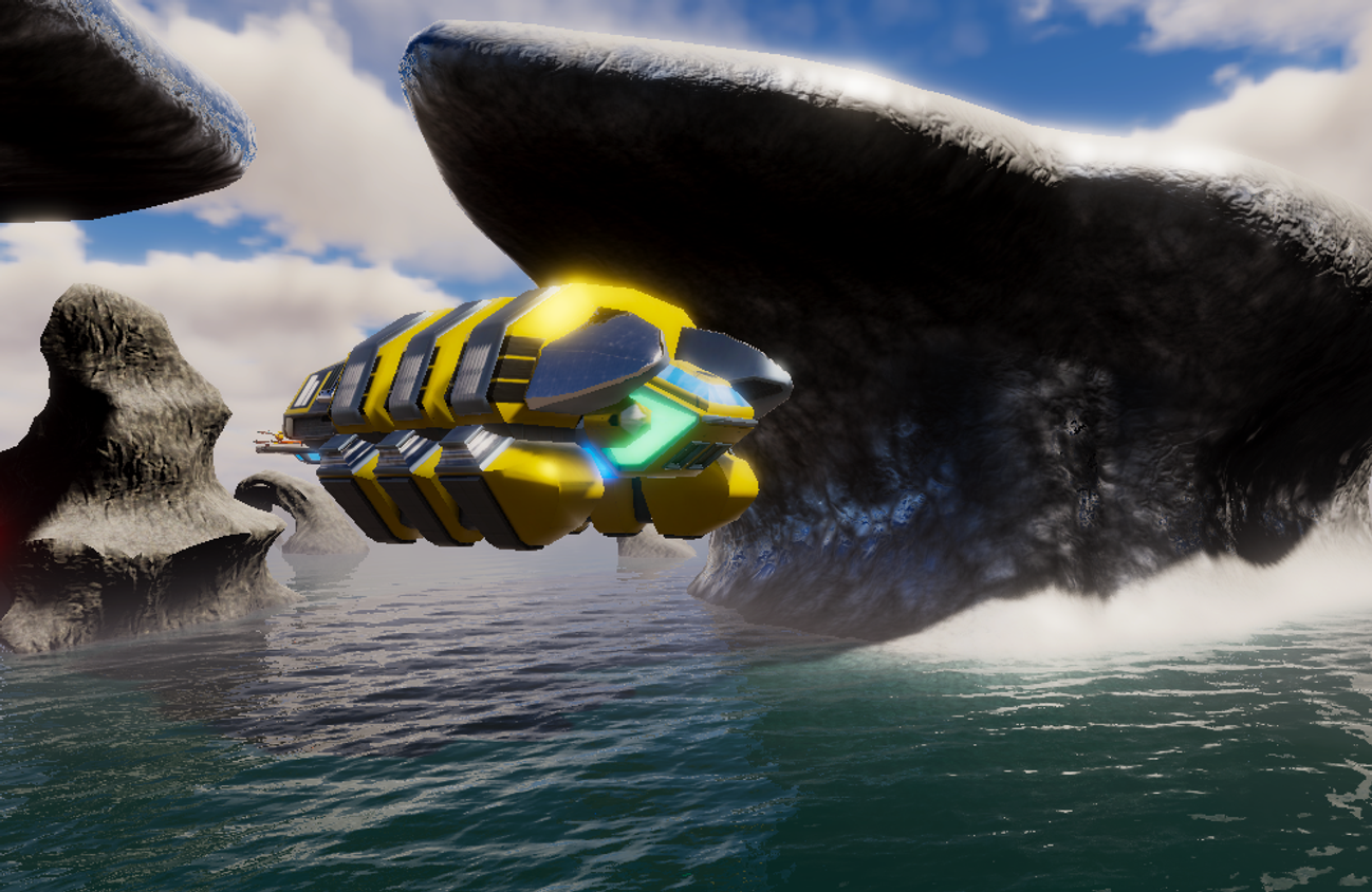 A scene from the GameProduction Incubator game project Eskhaya showing a sci fi vehicle in of the game
