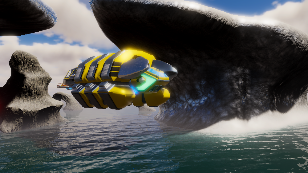 A scene from the GameProduction Incubator game project Eskhaya showing a sci fi vehicle in of the game