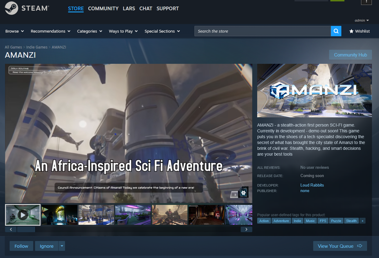 The Steam page for the Academy of Digital Art's game production incubator built game AMANZI as proof that the course was successful