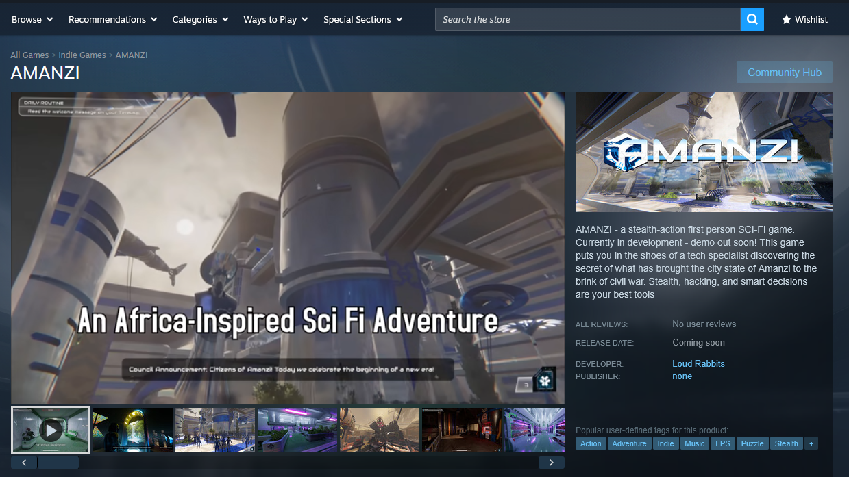 The Steam page for the Academy of Digital Art's game production incubator built game AMANZI as proof that the course was successful