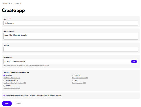 Spotify for Developers - Create app