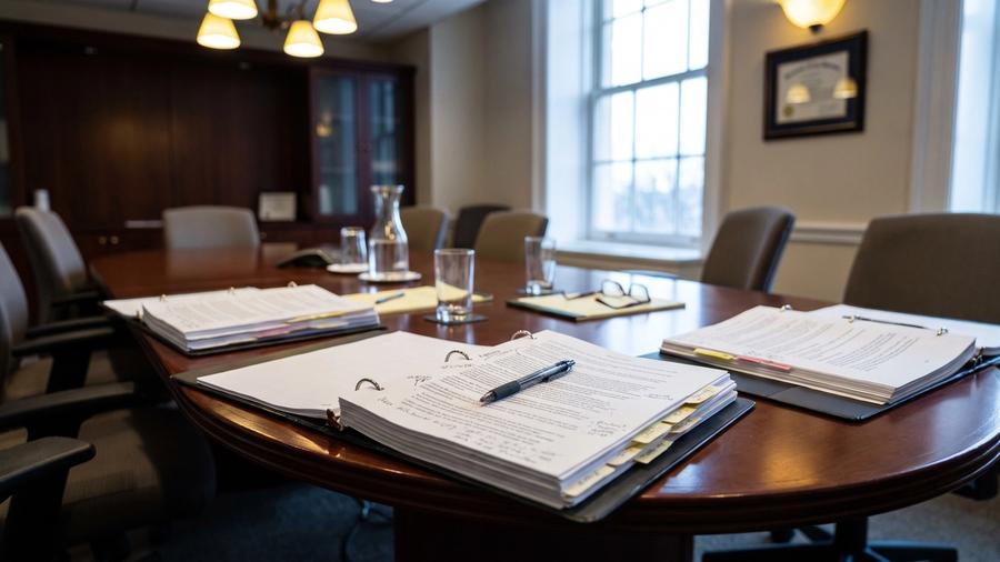 An open ring binder of marked-up regulatory pages rests on a conference table, a pen laid across the annotated text, with more tabbed binders further down the table.