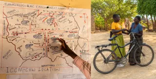 Twee foto's naast elkaar. Links een getekende landkaart met de plek van de kraamkliniek. Rechts twee afrikaanse vrouwen die met elkaar praten bij een fiets