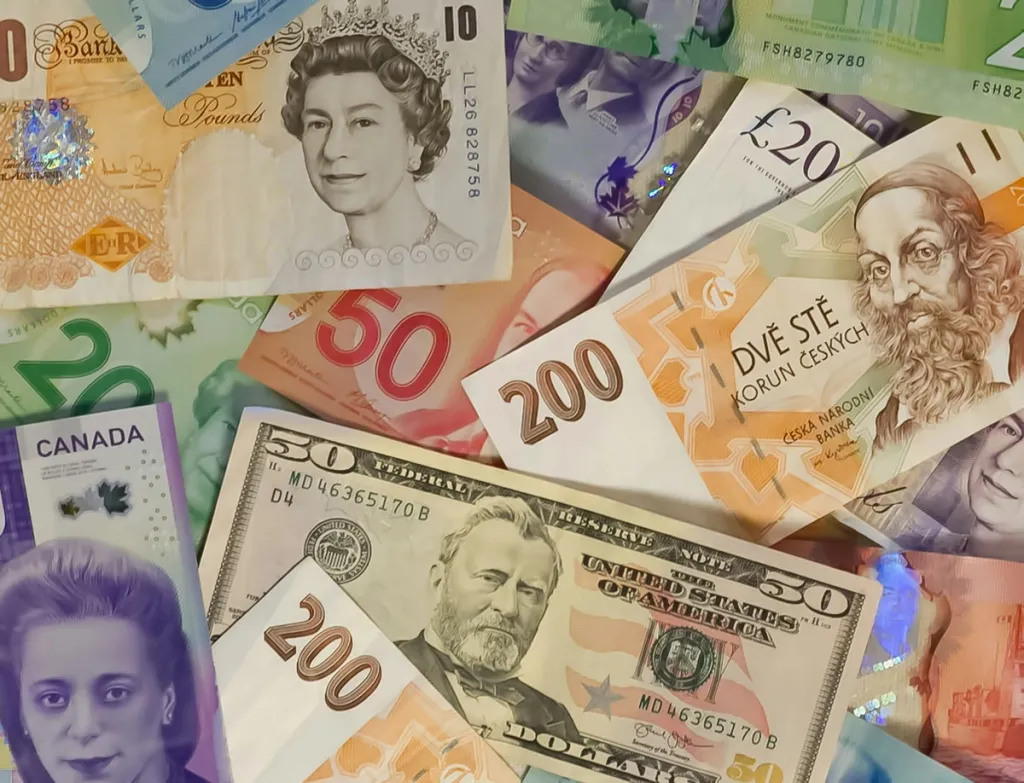 Banknotes from different money currencies